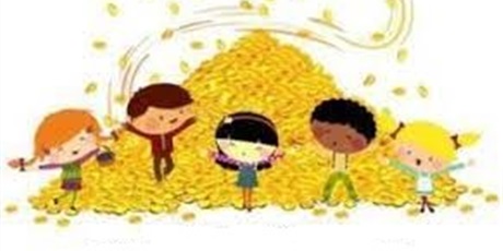 Powiększ grafikę: Rysunek piątki dzieci trzymających ręce w górze, za nimi usypana góra złotych monet