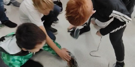 Powiększ grafikę: Dzieci z 3c organizują wróżby z butami. 