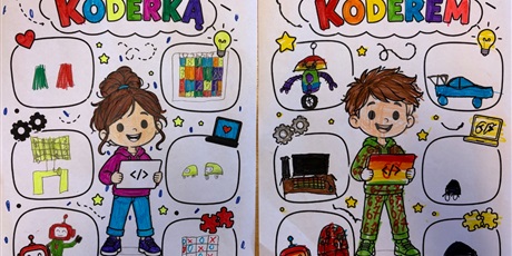 Powiększ grafikę: Uczniowie uzupełniali rysunki na kartkach z napisem: Jestem koderką, jestem koderem.