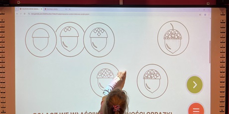 Powiększ grafikę: Dziewczynka klasyfikuje żołędzie na tablicy interaktywnej.