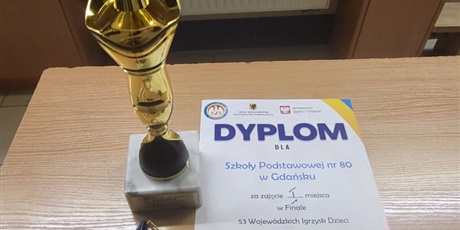 Powiększ grafikę: na stole leży puchar, medal oraz dyplom z zawodów tenisa stołowego